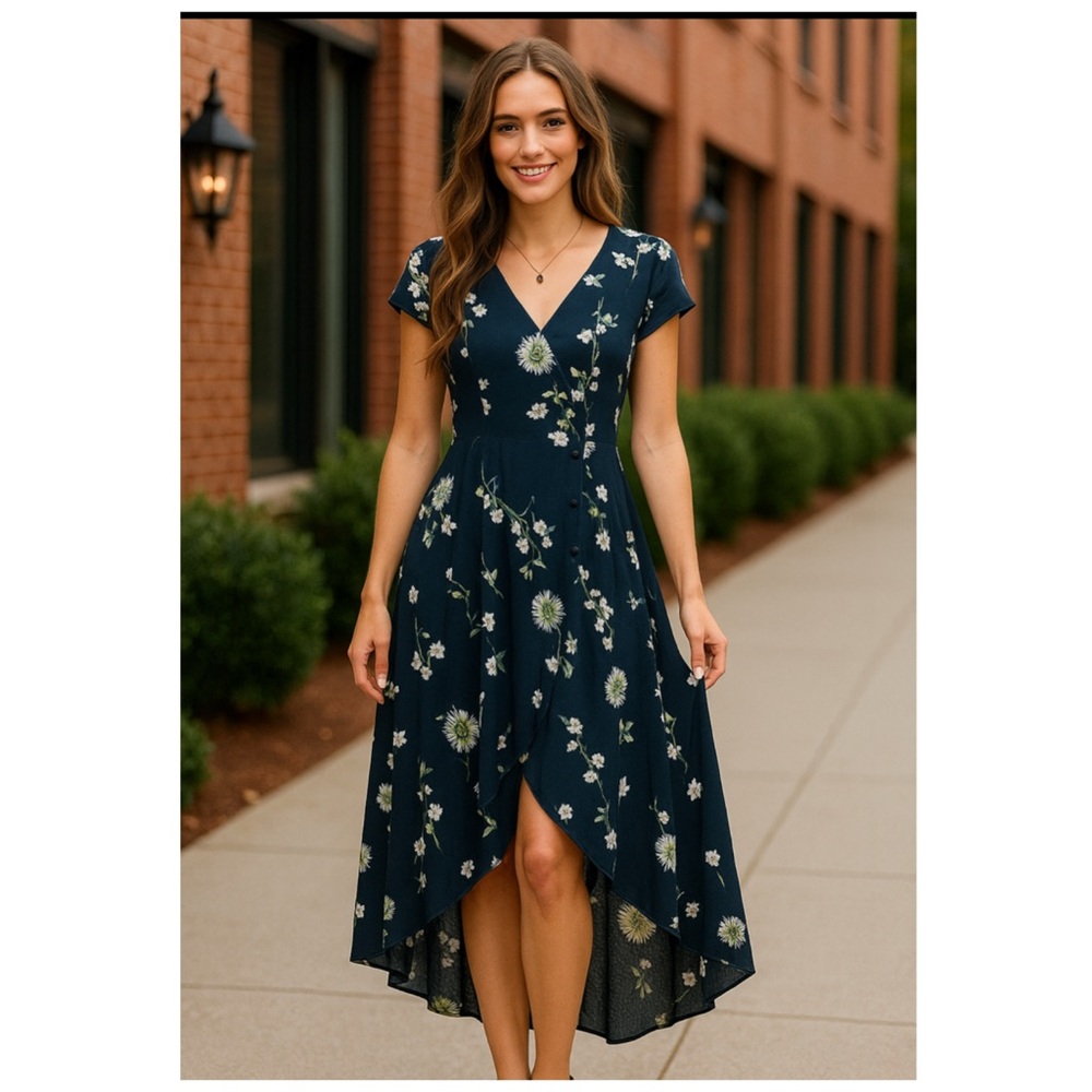 FREE PEOPLE Blue Floral V-Neck Short Sleeve Button Front Midi Dress Large - Picture 2 of 14